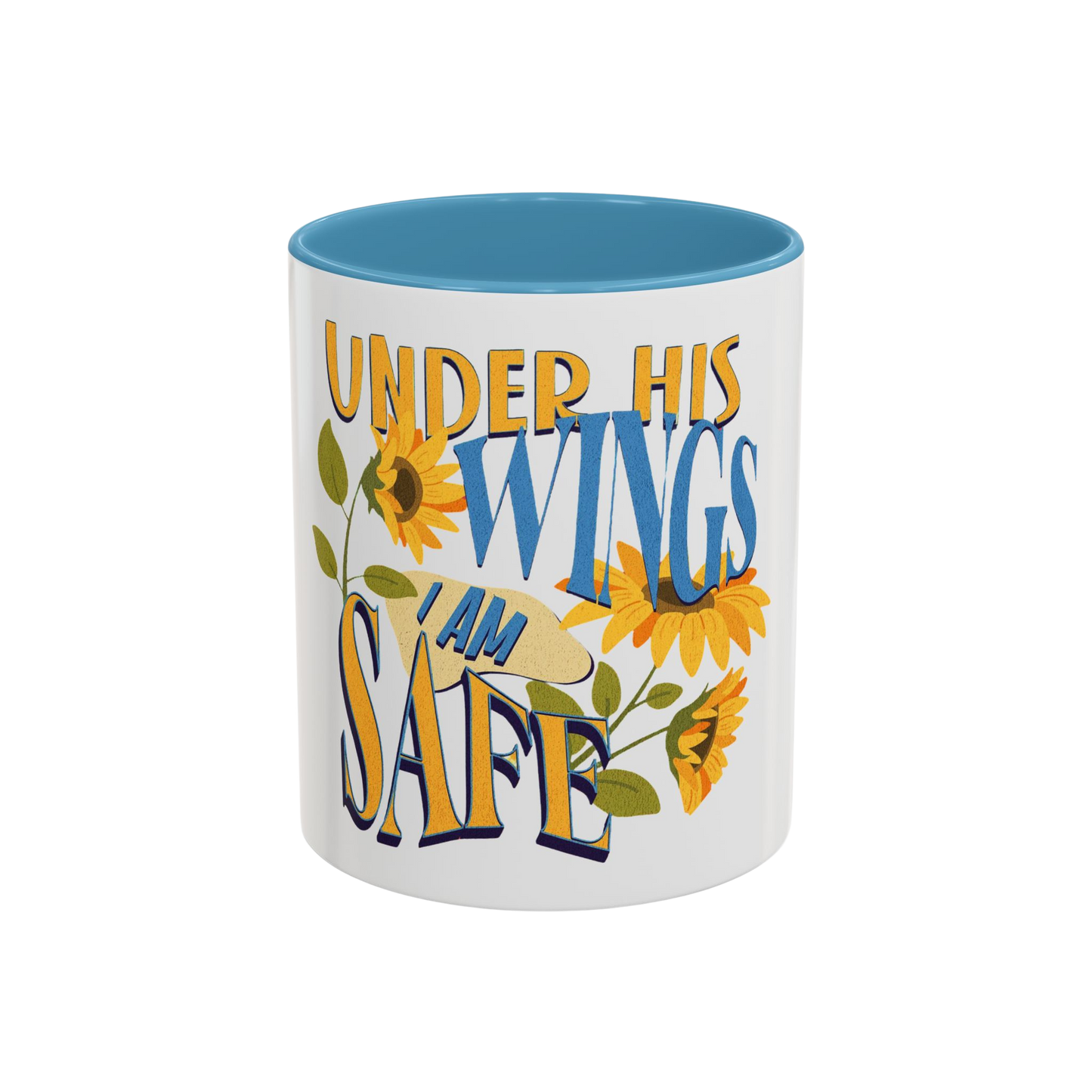Under His Wings, I Am Safe Christian Coffee Cup