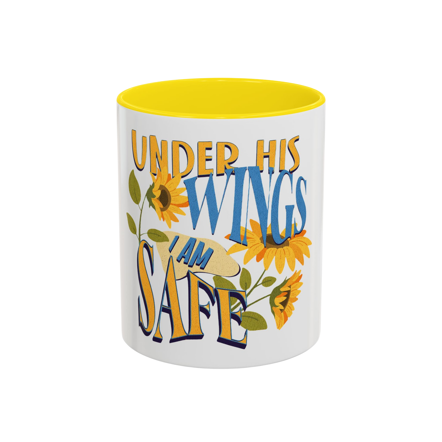 Under His Wings, I Am Safe Christian Coffee Cup